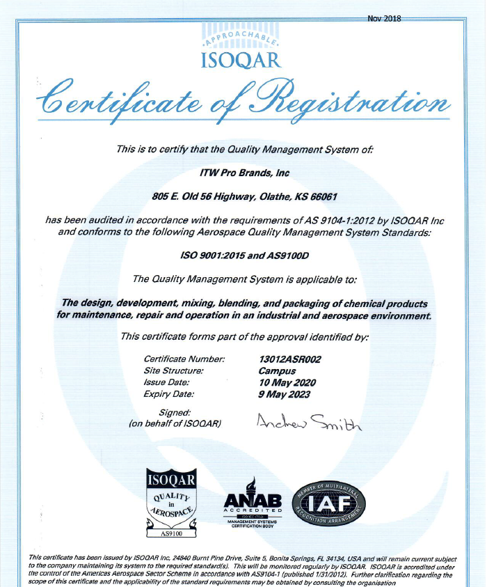 AS9100D Certificate of Registration - Olathe